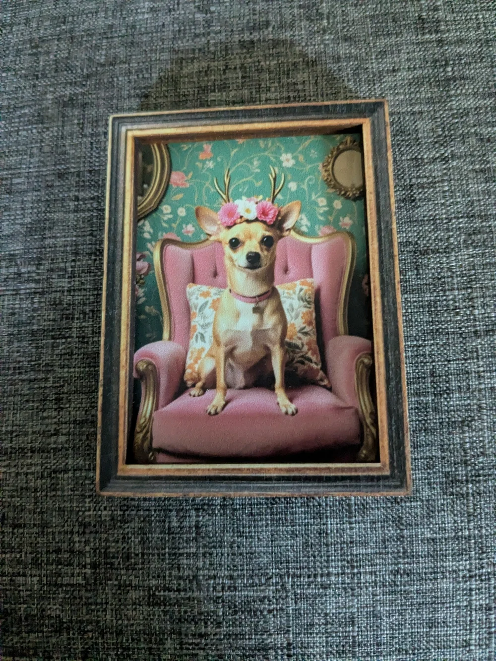 Charming dog art print magnet featuring a chihuahua sitting on a pink chair.